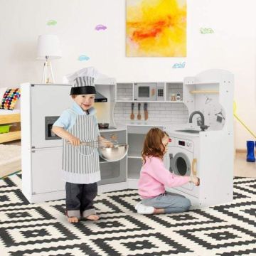 Wooden corner play kitchen, 4 zones, 32/40/28/42 × 30 × 91 cm