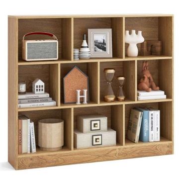 Wooden bookshelf with 10 cubes, 120 cm, natural, 2 anti-tip sets
