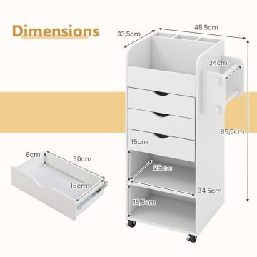 Wooden rolling cart, 3 drawers, 2 shelves, 49.53 × 85.09 × 33.02 cm