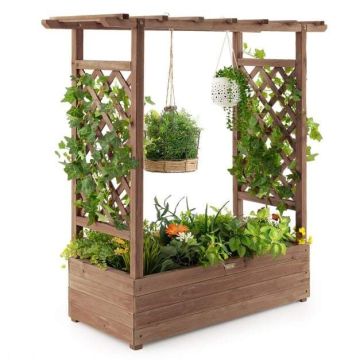 Wooden planter, with trellis and hanging roof, Brown, 110 × 44 × 113.5 cm