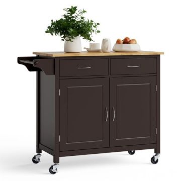 Wooden kitchen trolley with wheels, 2 drawers, brown color