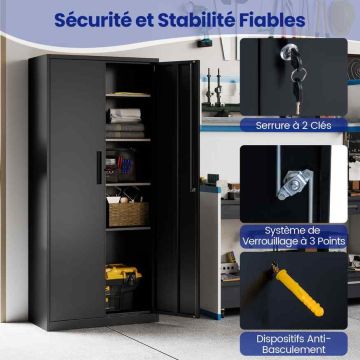 Metal filing cabinet 180 cm with 4 adjustable shelves, black