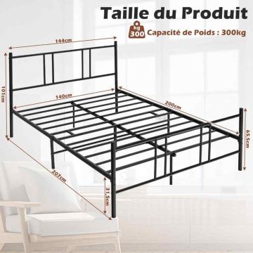 Metal platform bed frame, 10 slats, 5 support legs, Black, 207 × 140 × 101 cm