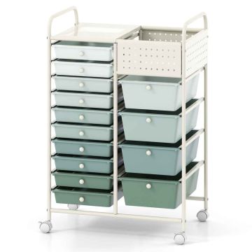 Metal Drawer Cart, 14 Drawers, Green, 63.5 × 87.63 × 36.83 cm