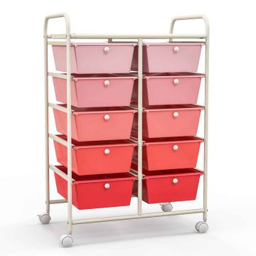 Metal Cart, 10 Drawers, Pink, 26 × 14.5 × 34 in