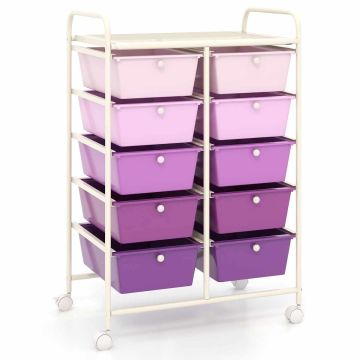 Metal Cart, 10 Drawers, Purple, 26 × 14.5 × 34 in