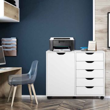 Mobile storage rack, 5 drawers and cabinet, White, 78 × 39 × 65 cm