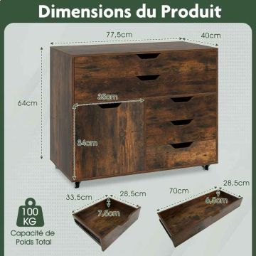 Mobile trolley with 5 drawers and side doors, brown