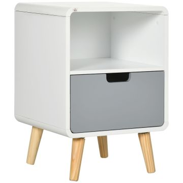 Bedside table, with drawer and open compartment, White/grey/multicoloured, 40 × 38 × 58 cm