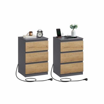 Naktinis staliukas VASAGLE, 3 stalčiai, 2 lizdai ir 2 USB prievadai, 40 × 59 × 35 cm