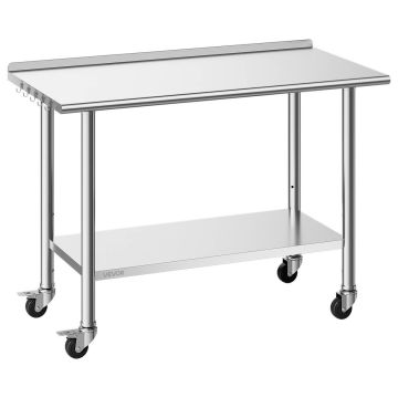 Stainless steel workbench 61x122 cm with casters and adjustable shelf, 17.3 kg