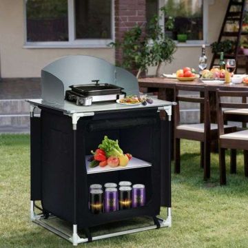 Portable grill table, 2 shelves, 83.82 × 63.5 × 116.84 cm