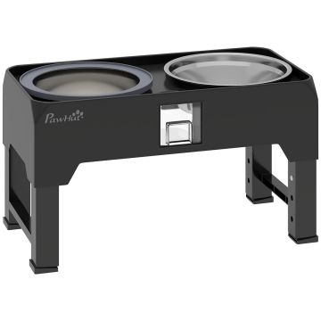 Raised dog bowl with adjustable height, 1.2 l food and 2 l water, black