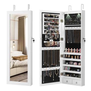 Papuošalų spintelė, Su veidrodžiu ir 2 LED lemputėmis, Balta, 37 × 9,5 × 108 cm