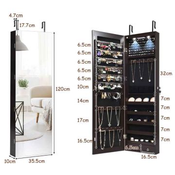 Papuošalų spintelė, su veidrodžiu ir LED apšvietimu, 35,56 × 10,16 × 138,43 cm