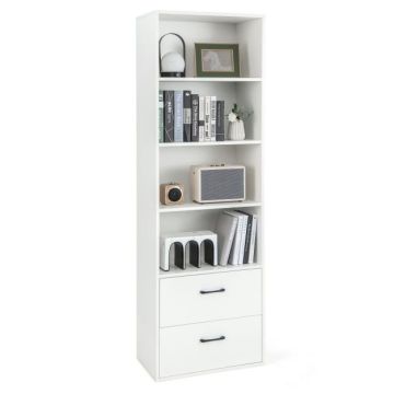 Floating shelf, 4 shelves, 2 drawers, White/black, 59.69 × 187.96 × 34.29 cm