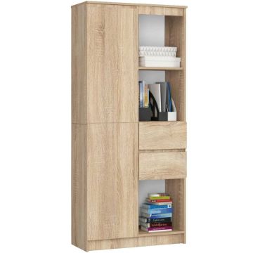Напольный стеллаж R15, 7 полок 1 дверца и 2 ящика, дубовый, 80 × 180 × 35 см