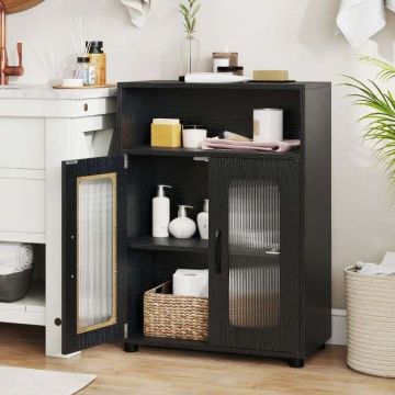 Bathroom cabinet, 1 door, 1 shelf, Black, white and natural, 60 × 83 × 30 cm