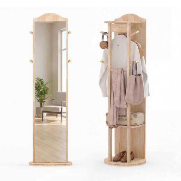 Freestanding mirror, 2 hangers, 4 hooks, 2 shelves, 48 ​​× 48 × 168 cm