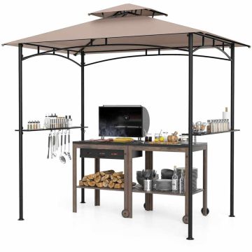 Poliesterio stogelis su metaliniu rėmu, 240x150 cm, rudas, 2 lentynos, 6 kabliukai