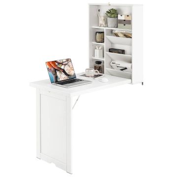 Desk, wall-mounted, foldable, 2 shelves, White