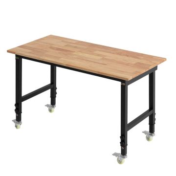 Adjustable workbench with casters VEVOR WB4823L, 680 kg load capacity, Oak, 122 × 107.5 × 60 cm
