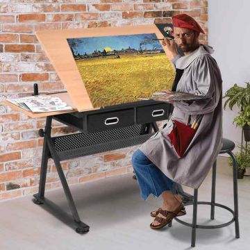 Adjustable drafting table, with stool and 2 drawers, 119 × 60 × 73–98 cm