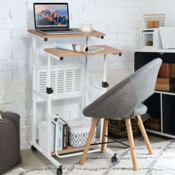 Adjustable height computer desk, 4 casters, 2 brakes, Oak, 55.88 × 53.34 × 68.58–97.79 cm