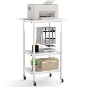 Adjustable height printer stand with casters, white