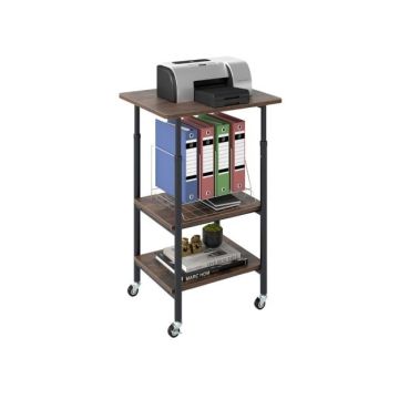 Adjustable height printer cart with shelves and lockable casters, brown