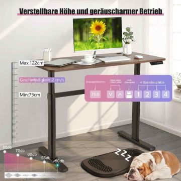Adjustable height desk, Electric, 4 memory settings, Brown, 120 × 60 × 73–122 cm