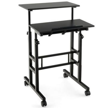 Adjustable height table, Mobile, 2-tier, Brown, 24 × 12 × 28.5–49 inches