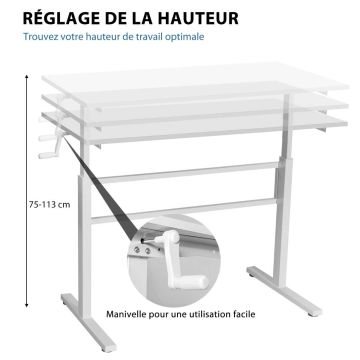 Adjustable height desk, With crank handle, White, 119.38 × 59.69 × 75–113 cm