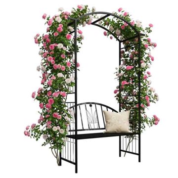 Rožių grotelės su suoliuku Relaxdays, su įmontuotu suoliuku, Juoda, 134 × 210 × 48 cm