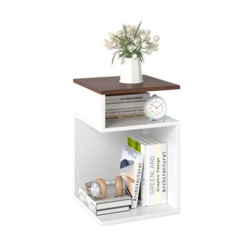 S-shaped side table with 2 open compartments, 31 cm x 31 cm, walnut color