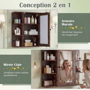 Wall-mounted bathroom cabinet with mirror, 9 compartments, 66 × 16.5 × 63 cm