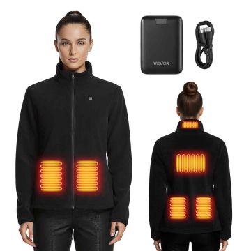 Heated fleece jacket for women, 7.4 V 16000 mAh, 6 heating zones, black