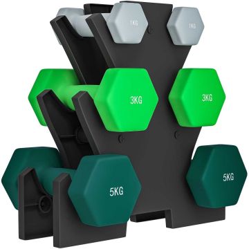 Rinkinys iš 8 hantelių su stovu Sportnow, įvairių spalvų