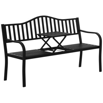 Garden bench, 3-seater with extendable table, Black, 150 × 90 × 58.5 cm