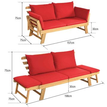 Sofa bed, Adjustable armrests, Red, 198 × 75 × 75 cm