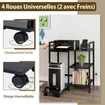 Printer stand, 3-tier mobile with charging station, 63.5 × 72 × 40 cm