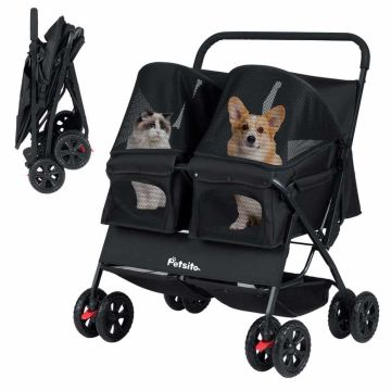 Foldable double pet stroller with adjustable canopy and storage bag, black