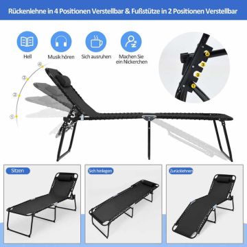 Folding lounger, with 4-position backrest and 2-position footrest, Gray, 167.6–189.2 × 59.7 × 40.6–85.1 cm