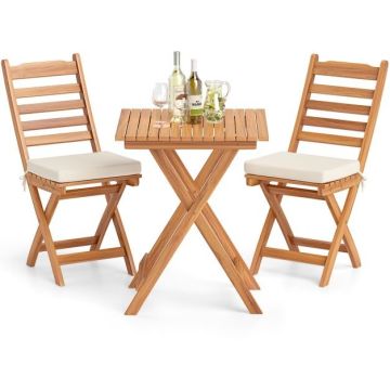 Foldable outdoor furniture set with soft seat cushions, acacia, natural wood