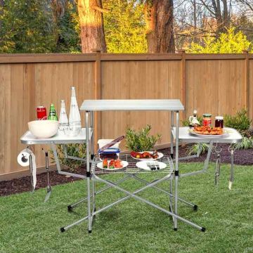 Folding camping table, with bottom shelf and hooks, 146 × 45 × 82 cm