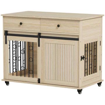 Dog cage, 2 doors, 2 drawers, Oak/black, 100 × 81 × 56 cm