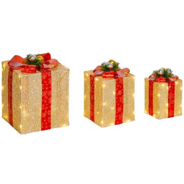 Set of 3 illuminated Christmas gift boxes, 58 LEDs, Gold