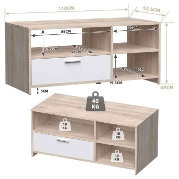 Televizoriaus spintelė, 3 lentynos, 1 stalčius, Ąžuolo/baltos spalvos, 110 × 52,5 × 49 cm