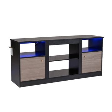 Televizoriaus staliukas su elektriniu židiniu ir RGB apšvietimu, juodas