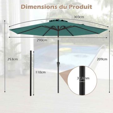 Patio umbrella, 8 ribs, Green, Ø 303 × 253 cm